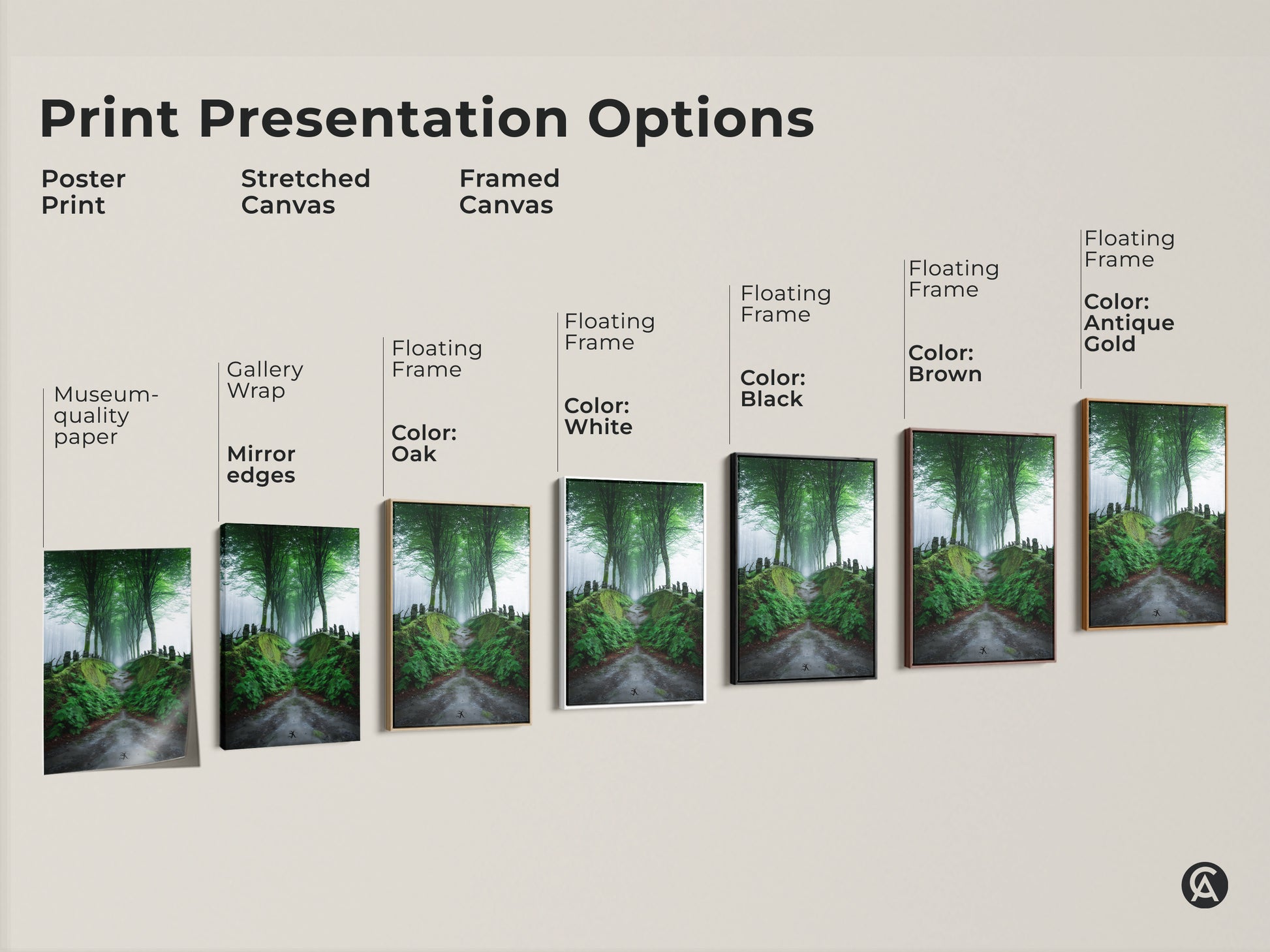 Explore print presentation options with this misty forest path artwork. Choose from poster prints stretched canvas or framed canvas. Each option highlights the emerald green tree-lined road and Scandinavian woodland charm. Enhance your space with nature's beauty.