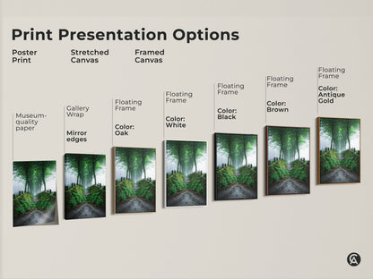 Explore print presentation options with this misty forest path artwork. Choose from poster prints stretched canvas or framed canvas. Each option highlights the emerald green tree-lined road and Scandinavian woodland charm. Enhance your space with nature's beauty.