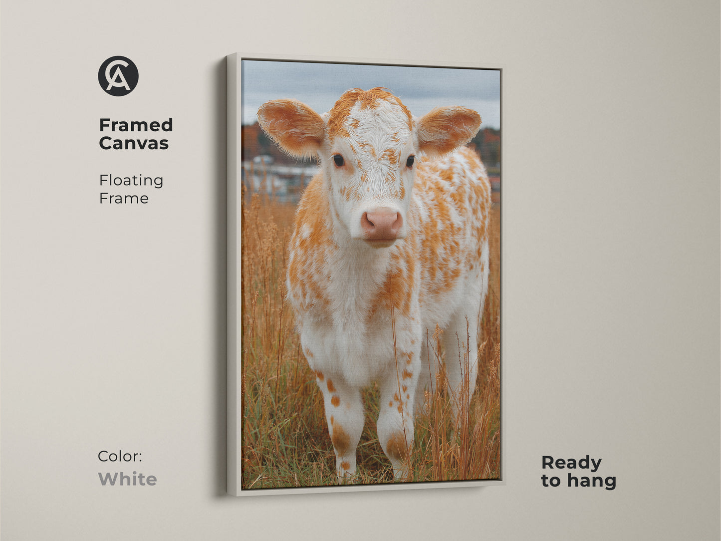 Framed canvas of a calf standing in a field with a white floating frame. This animal art is ready to hang. The calf is white with orange spots. It is a cute artwork for a child's room. Buy framed canvas art online today.