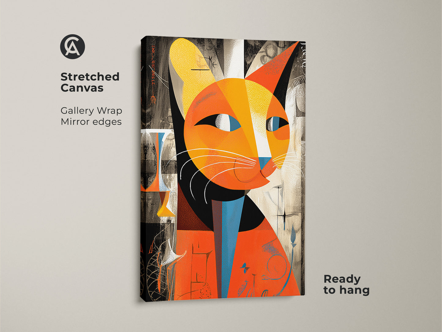 Stretched canvas print of an abstract cat. Gallery wrapped with mirrored edges this orange and yellow feline art is ready to hang. The cubist style and geometric shapes add a modern touch to any room.