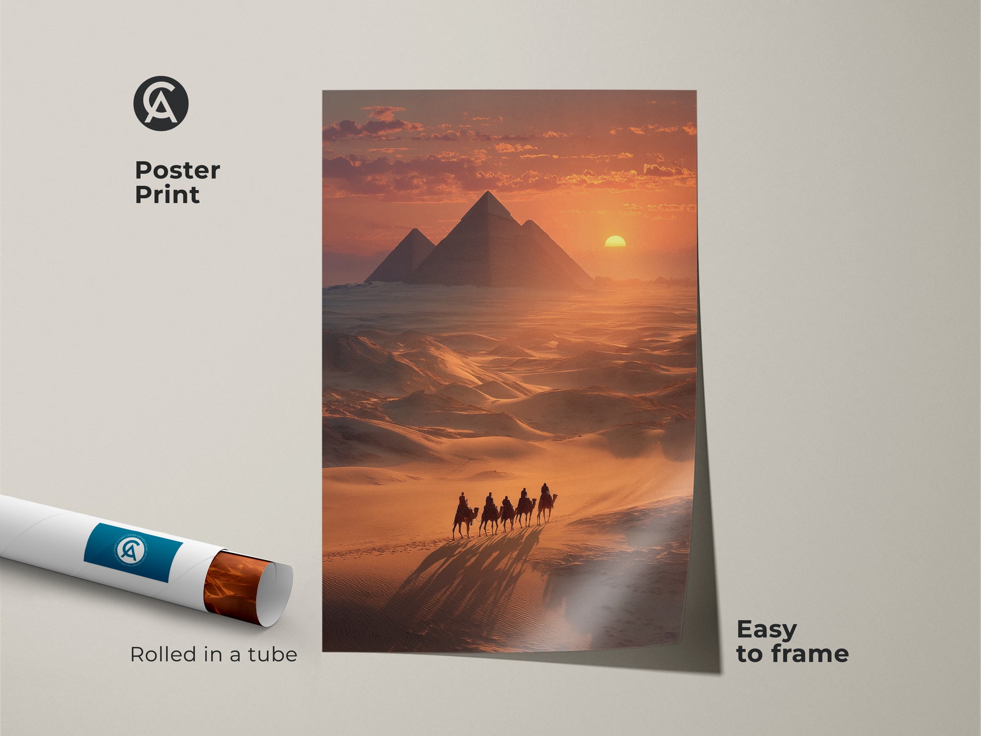 Poster print featuring Egyptian Pyramids & Camel Caravan. Rolled in a tube for easy framing. This golden sunset desert landscape artwork is perfect for travel enthusiasts. The photorealistic travel print captures the beauty of ancient Egypt. Add a touch of eclectic wall decor to your space.