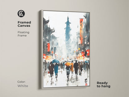 This framed canvas features a floating white frame. The artwork shows a rainy Asian cityscape in watercolor. Ready to hang this piece complements any interior style.