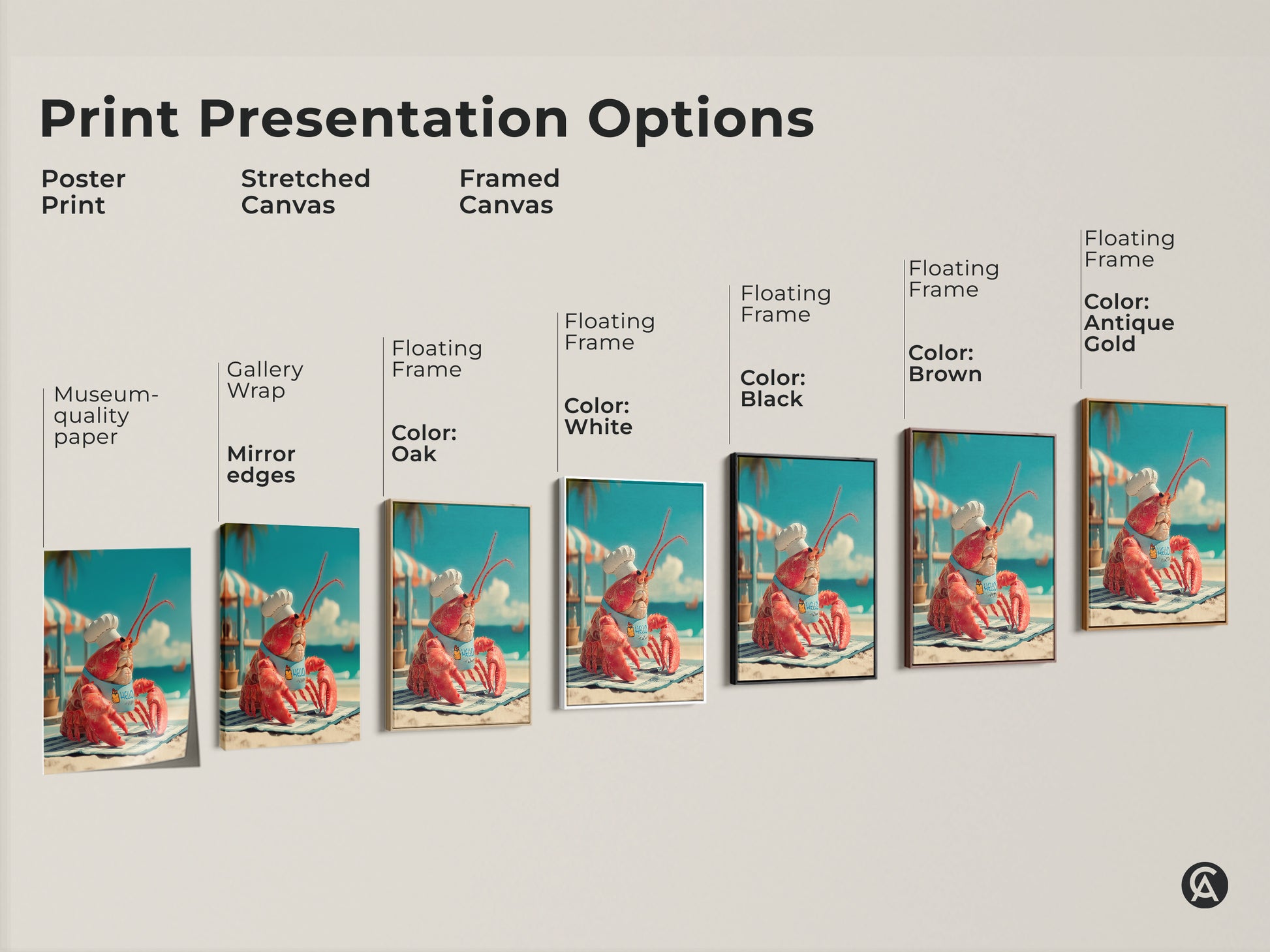 Explore print presentation options for lobster chef artwork. Choose from poster prints stretched canvas and framed canvas. Each option showcases the whimsical art of a lobster wearing a chef's hat. Find the perfect style to match your decor.