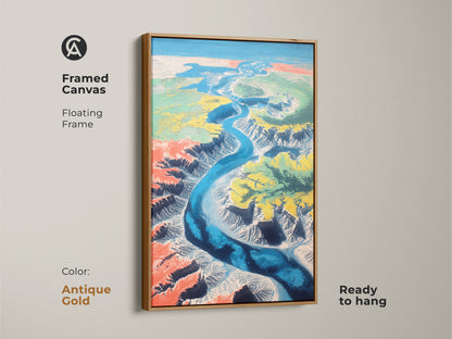 This framed canvas in antique gold features a floating frame. The abstract aerial landscape offers a unique perspective. It shows a teal blue river canyon. The contemporary artwork is ready to hang.