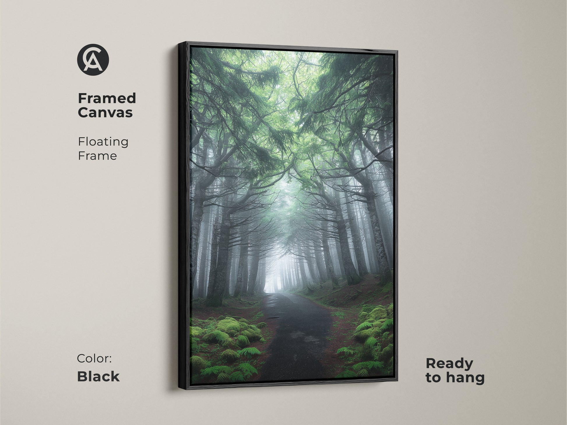 Framed canvas art displaying a misty forest path. Black floating frame enhances the emerald green pine trees. Ready to hang this rustic bedroom decor complements any space. Perfect housewarming gift for nature enthusiasts. Deep green forest scene adds tranquility to your walls.