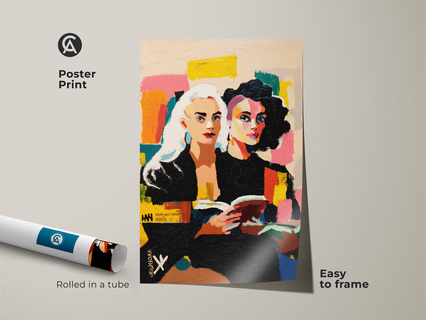 Poster print features an expressive abstract portrait. Two women are reading. This contemporary canvas art comes rolled in a tube. It's easy to frame. This eclectic home decor print is ideal for a book lover's gift. Showcases bold colors. Perfect as vibrant bedroom wall decor.