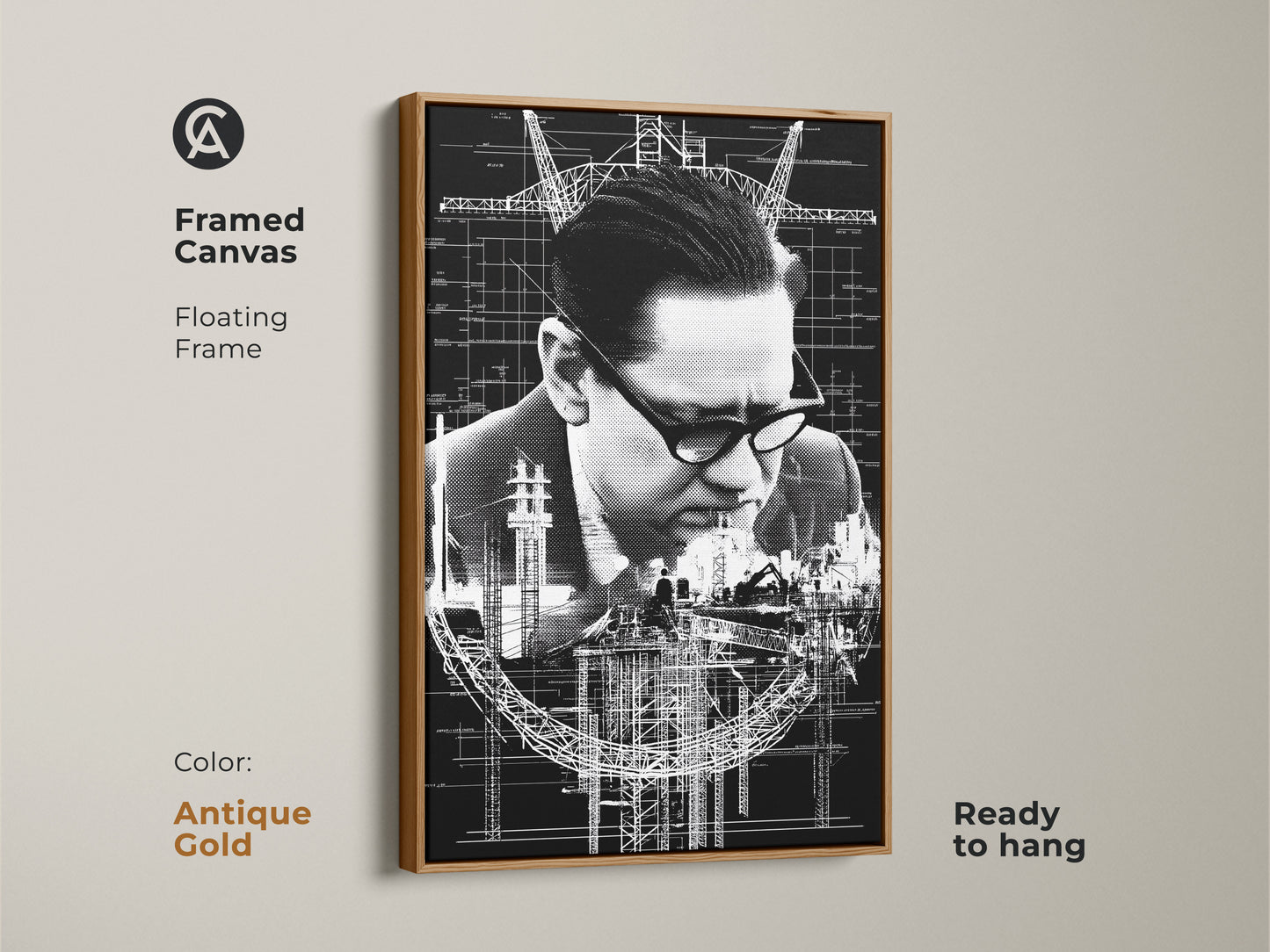 Antique gold framed canvas with floating frame displays industrial blueprint art. The monochrome canvas print is ready to hang. A fine art blueprint for office decor. This architect gift idea enhances any space.