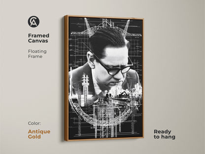 Antique gold framed canvas with floating frame displays industrial blueprint art. The monochrome canvas print is ready to hang. A fine art blueprint for office decor. This architect gift idea enhances any space.
