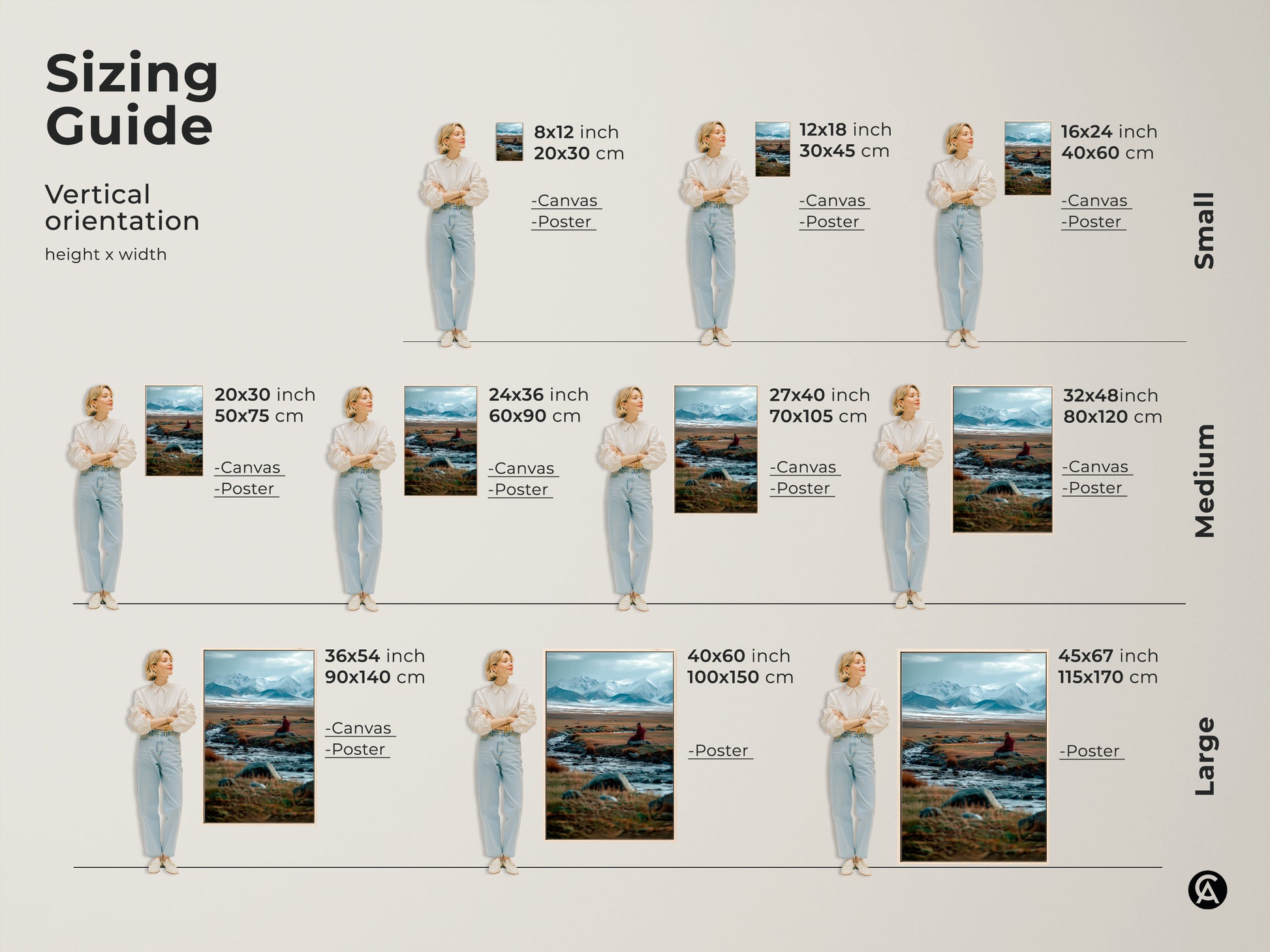 Sizing guide for vertical landscape artwork. Available in small medium and large sizes. Choose from canvas or poster prints to fit your space. Each shows a monk meditating by a stream.