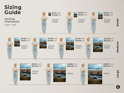 Sizing guide for vertical landscape artwork. Available in small medium and large sizes. Choose from canvas or poster prints to fit your space. Each shows a monk meditating by a stream.