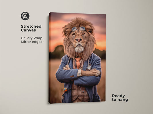 Lion doctor canvas print ready to hang. This vintage animal portrait is a surreal lion art piece. It's perfect for office wall decor or study room art. The eclectic home decor features golden yellow and muted blue tones. This unique lion art is a great gift.