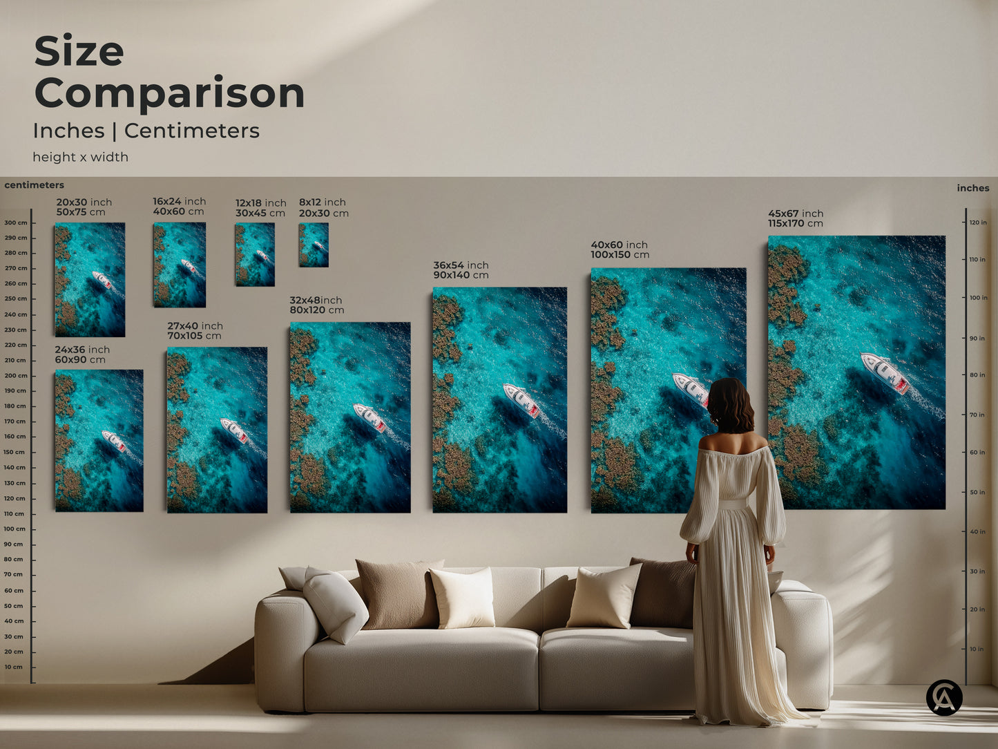 Size comparison of art prints. The artwork depicts a boat sailing on clear turquoise waters. See how each size fits above a sofa to visualize the impact of this beautiful ocean-themed art.