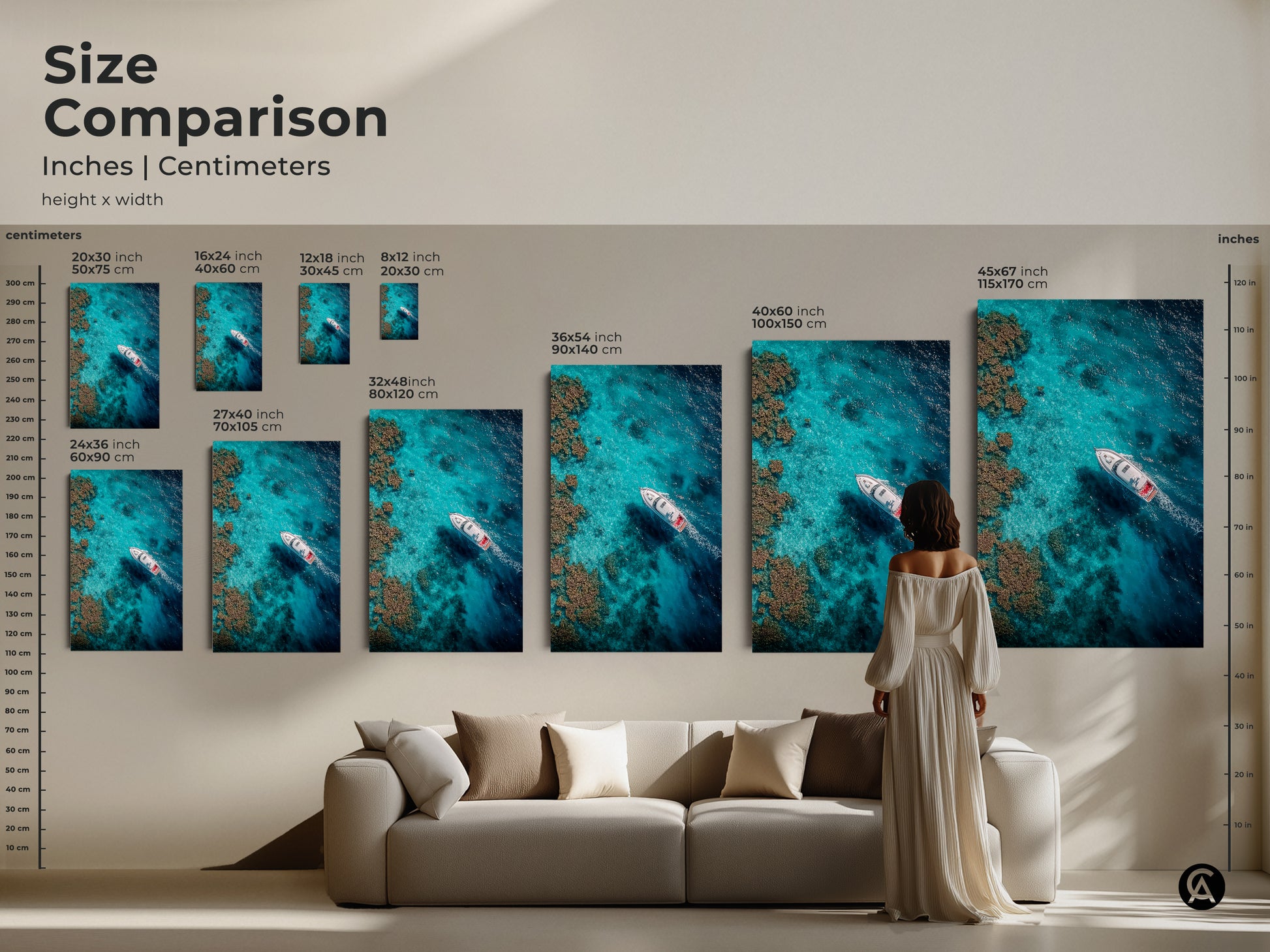 Size comparison of art prints. The artwork depicts a boat sailing on clear turquoise waters. See how each size fits above a sofa to visualize the impact of this beautiful ocean-themed art.