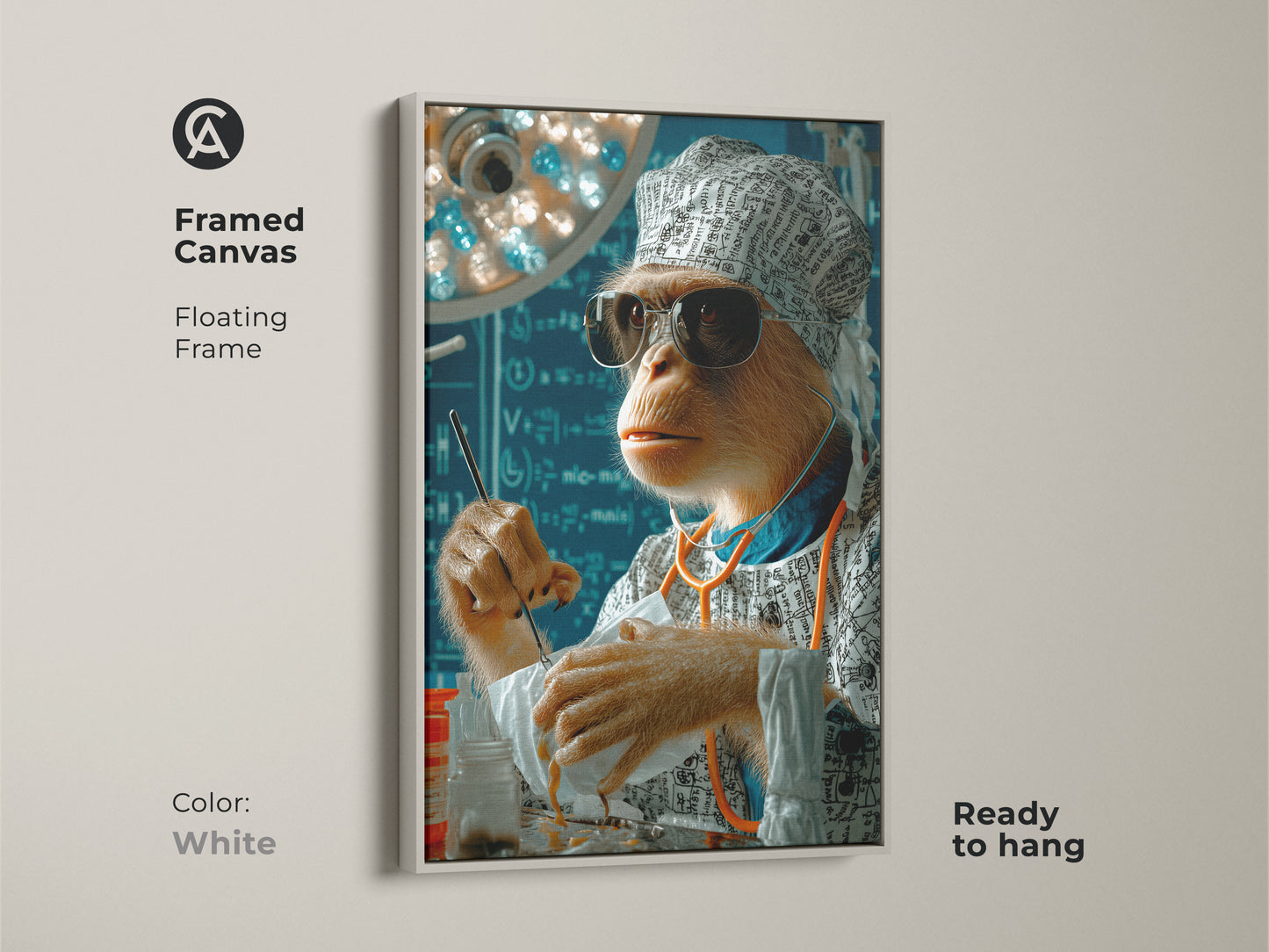 A framed canvas with a white floating frame showcases surreal surgeon monkey artwork. It's ready to hang. This piece makes a quirky vet or doctor gift. Perfect wall art for bringing medical humor to any office decor. This animal artwork combines brown orange and blue hues in a surgical setting.