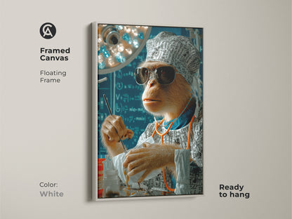 A framed canvas with a white floating frame showcases surreal surgeon monkey artwork. It's ready to hang. This piece makes a quirky vet or doctor gift. Perfect wall art for bringing medical humor to any office decor. This animal artwork combines brown orange and blue hues in a surgical setting.