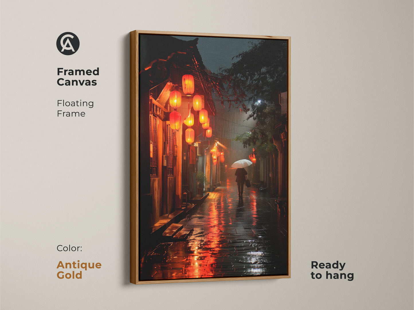 This framed canvas print displays a rainy Asian street scene. The antique gold floating frame enhances the warm tones of the artwork. Red lanterns glow. A figure with an umbrella adds a touch of mystery. This ready-to-hang print brings Asian charm.