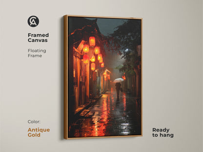 This framed canvas print displays a rainy Asian street scene. The antique gold floating frame enhances the warm tones of the artwork. Red lanterns glow. A figure with an umbrella adds a touch of mystery. This ready-to-hang print brings Asian charm.