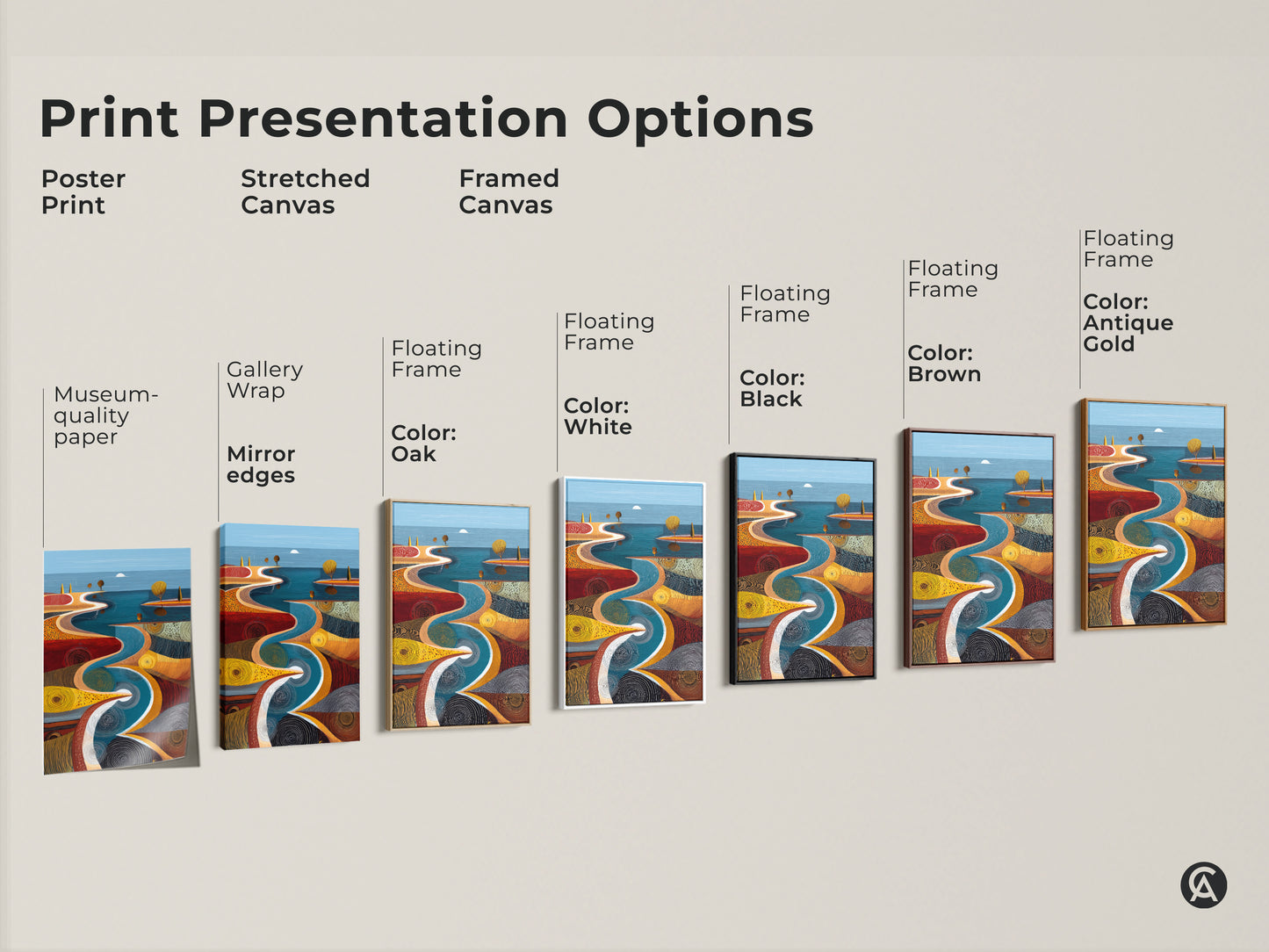 Explore print presentation options for the river path abstract art. Choose from poster prints stretched canvas or framed canvas. Floating frame options in black brown white and antique gold available.