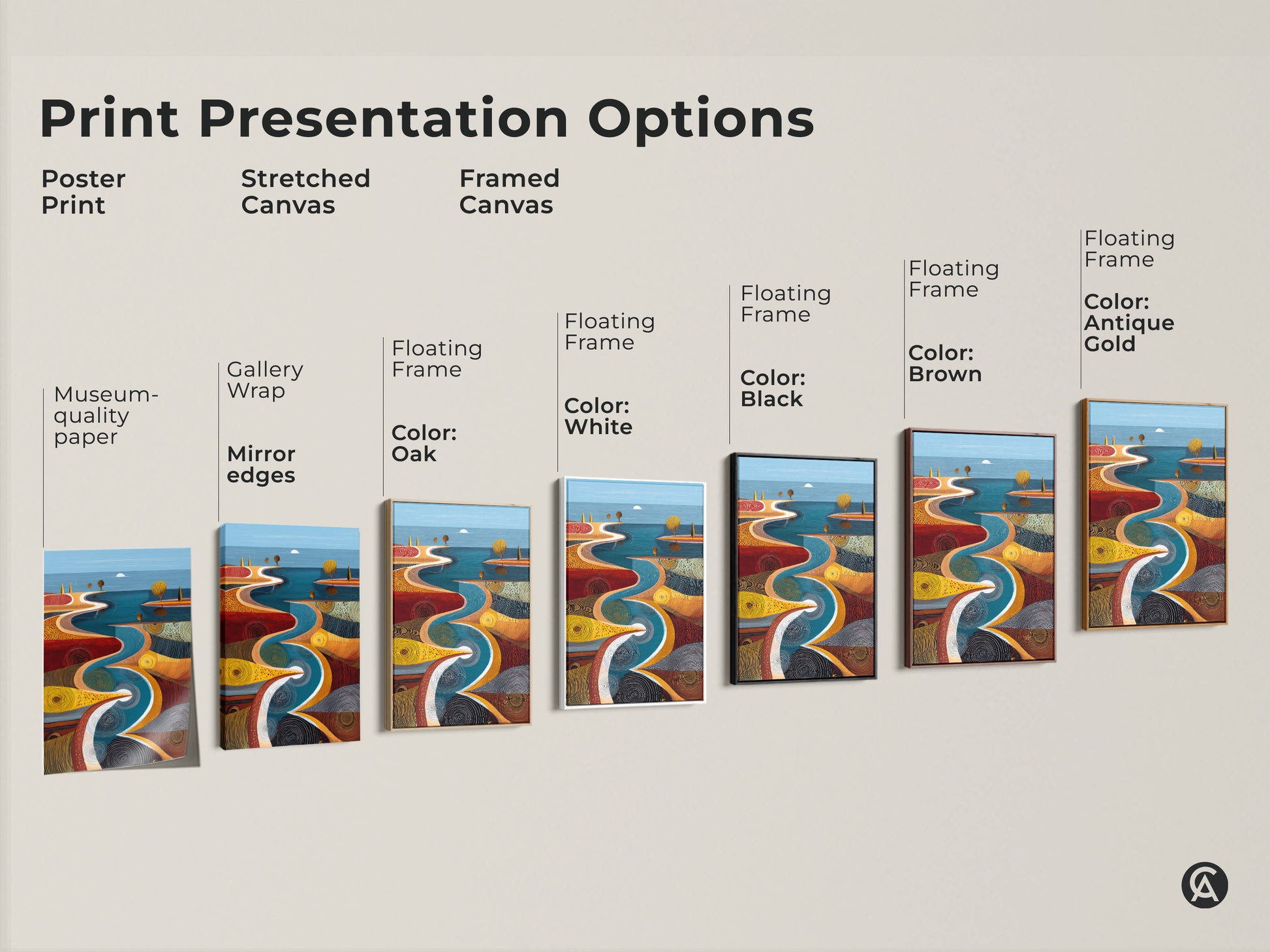 Explore print presentation options for the river path abstract art. Choose from poster prints stretched canvas or framed canvas. Floating frame options in black brown white and antique gold available.