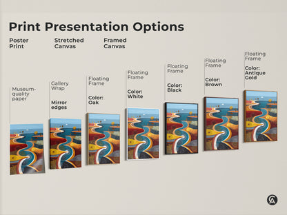 Explore print presentation options for the river path abstract art. Choose from poster prints stretched canvas or framed canvas. Floating frame options in black brown white and antique gold available.