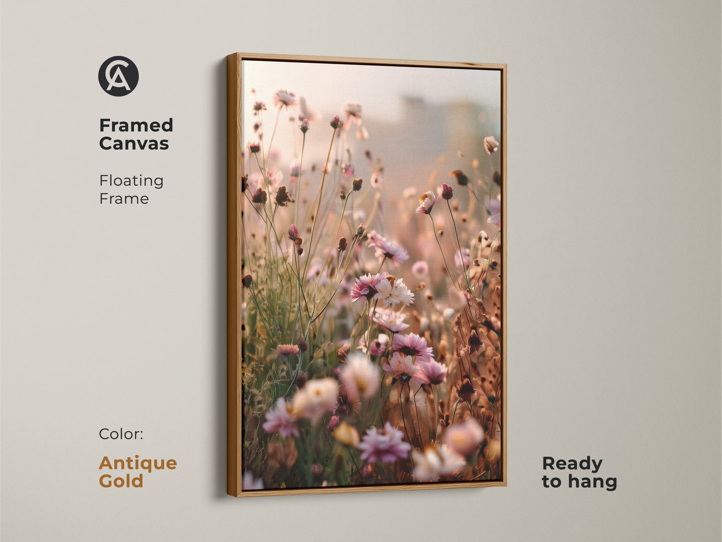 Framed canvas with an antique gold floating frame displaying wildflower art. This dreamy impressionistic canvas is ready to hang. Soft pink and peach tones create a cozy boho home decor. This botanical artwork enhances any room.