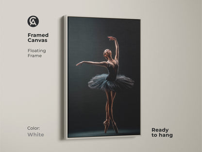 White framed canvas of a ballerina. Floating frame offers a clean look. Ready to hang. The artwork showcases a dancer in a graceful pose. Ideal wall decor for a modern home. Enhance your interior with this elegant ballet art.