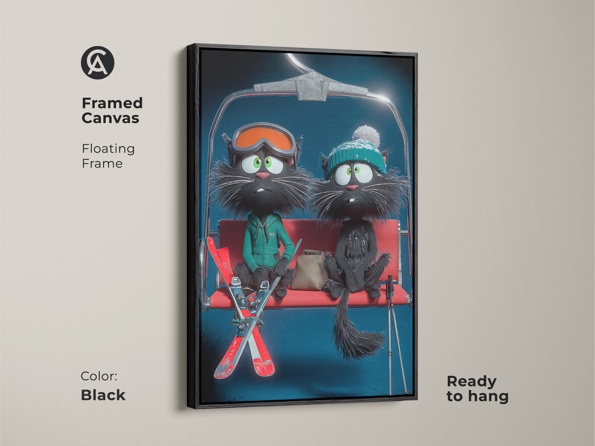 A framed black canvas features two funny cartoon black cats on a ski lift. The winter cat lover art is ready to hang. This eclectic home decor art adds a whimsical touch. It's a unique cat wall hanging for ski resort decor. This piece would make a wonderful gift.