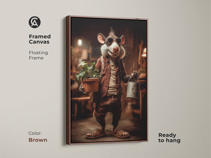 Framed canvas featuring a whimsical rat and potted plant. This floating frame in brown complements the tan and brown tones of the art. Ready to hang this nature inspired piece adds personality to your living space. Ideal wall art.