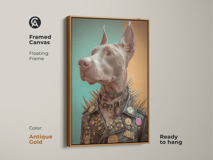 Doberman in a studded leather jacket framed canvas is set in a white floating frame adding a clean and modern look. This artwork is great eclectic home decor. It is ready to hang making it a unique gift for a dog lover. The gothic style suits a man cave or any alternative space.