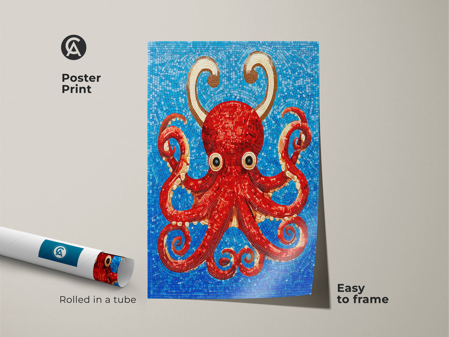 Abstract octopus poster print rolled in a tube. Featuring a red octopus mosaic art style with gold accents on a blue background. This eclectic marine life artwork is easy to frame. Ideal as a housewarming gift for ocean lovers. Its vibrant colors and unique style make it a standout piece for any home or office decor.