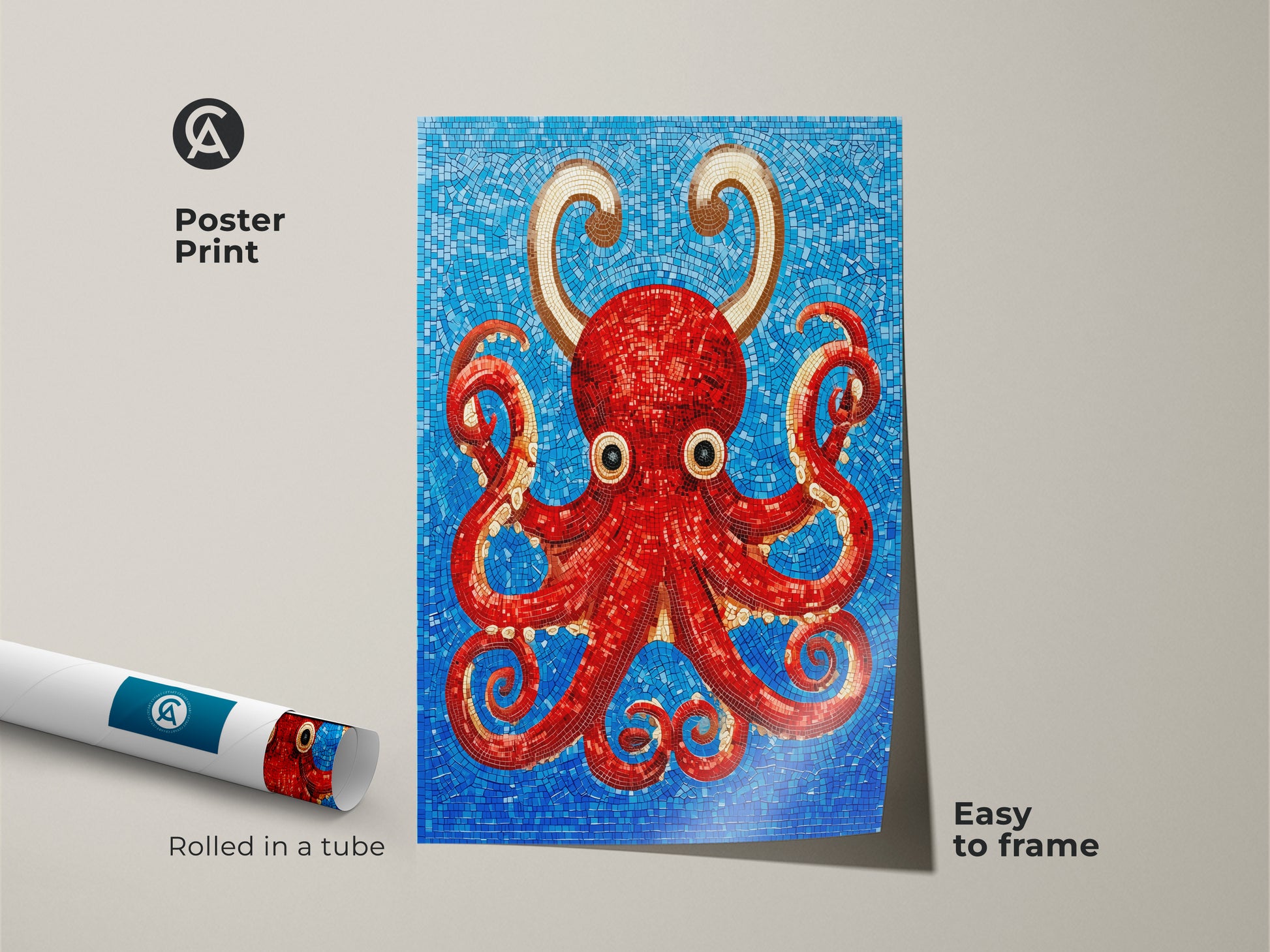 Abstract octopus poster print rolled in a tube. Featuring a red octopus mosaic art style with gold accents on a blue background. This eclectic marine life artwork is easy to frame. Ideal as a housewarming gift for ocean lovers. Its vibrant colors and unique style make it a standout piece for any home or office decor.