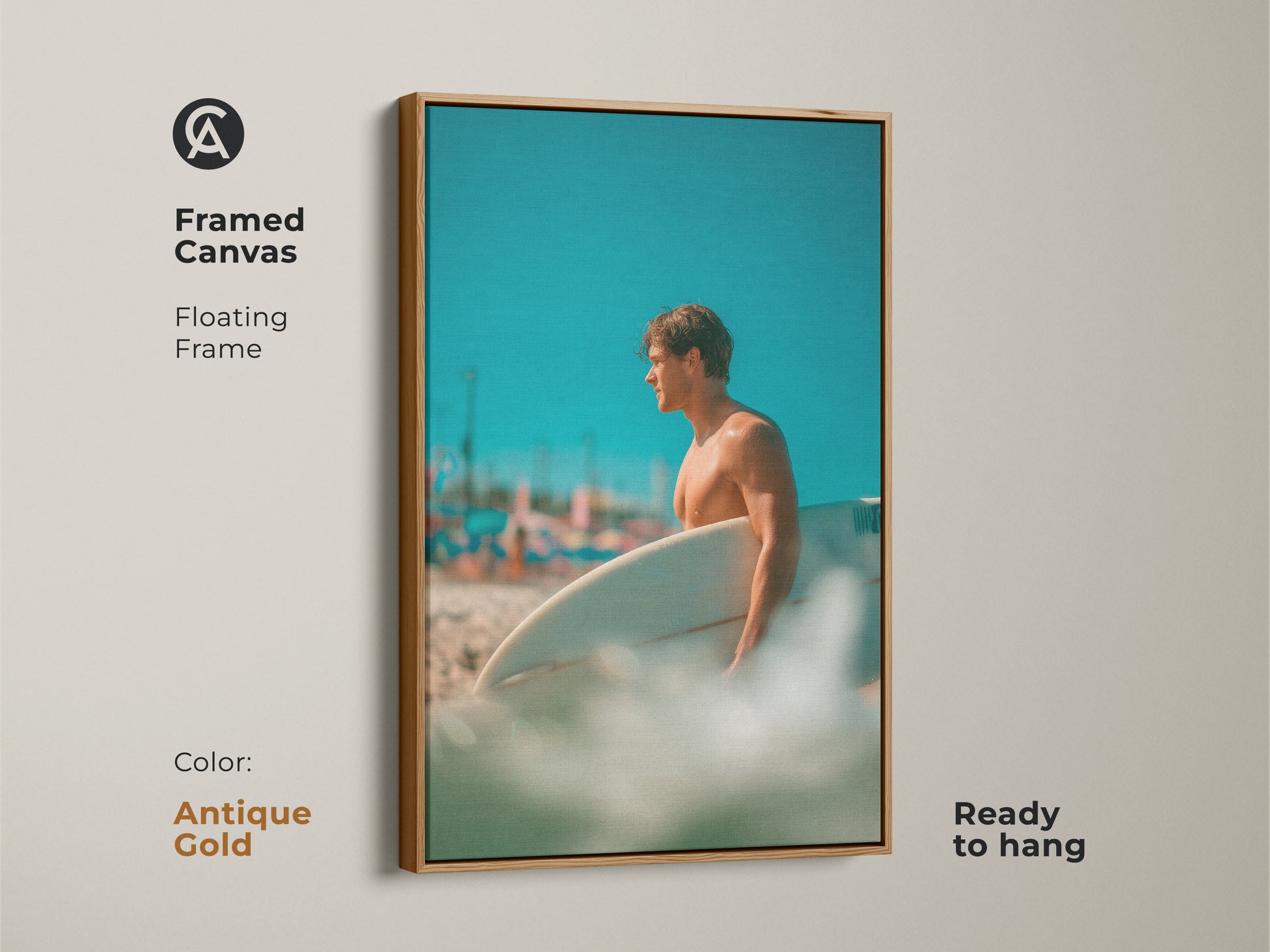 Framed canvas artwork featuring a surfer. The floating frame is antique gold color. The artwork captures a man holding a surfboard on a sunny beach. Ready to hang this framed art in your home.