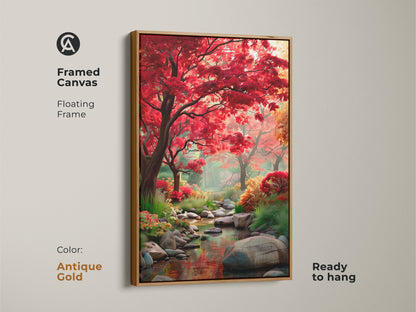 Framed canvas art showcasing a tranquil forest landscape. The floating frame enhances the beauty of the red trees and stream. This ready to hang nature artwork adds elegance to your home. Antique Gold frame complements this vibrant painting.