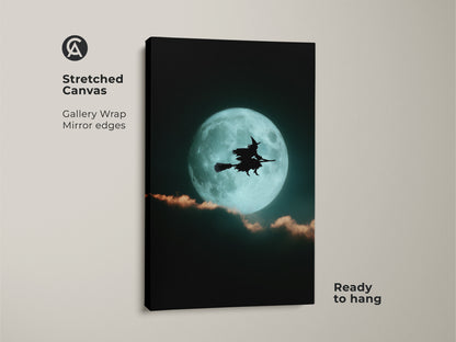 Stretched Canvas shows a witch flying on a broomstick silhouetted against a teal moon. This gothic Halloween art has gallery wrapped edges and is ready to hang. It's ideal dark academia wall art.