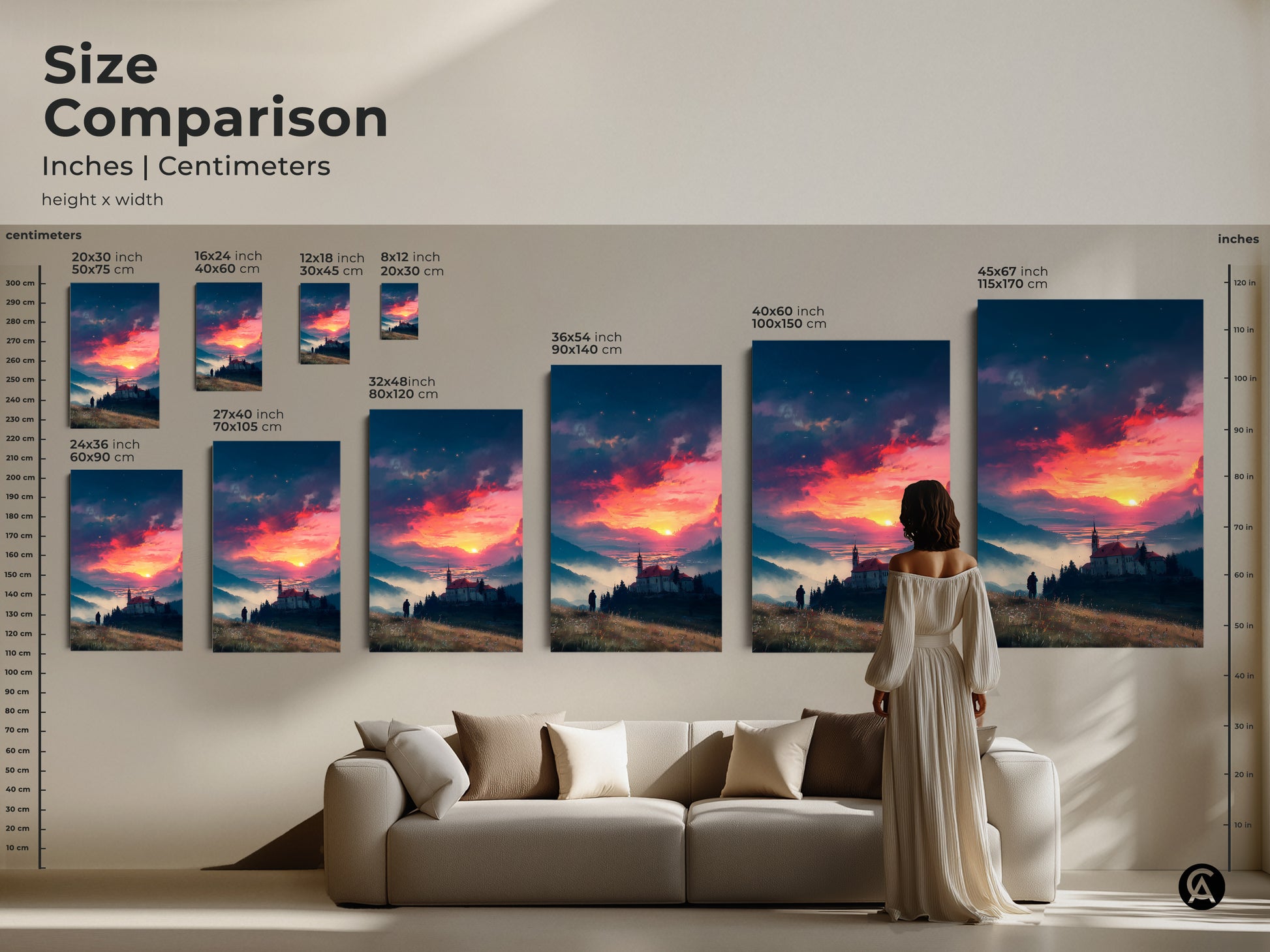 Compare sizes of this stunning sunset landscape artwork. See how different dimensions fit above a sofa. Choose the ideal size to enhance your living space. Options range from small to extra-large. Find the perfect fit for your home.