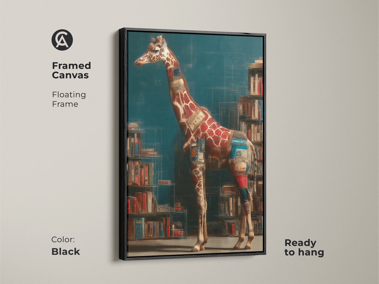 Framed canvas of a surreal giraffe is ready to hang. The black floating frame enhances eclectic study room decor. It is literary wall art with teal brown red tones.