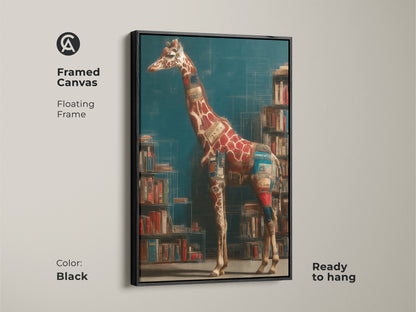 Framed canvas of a surreal giraffe is ready to hang. The black floating frame enhances eclectic study room decor. It is literary wall art with teal brown red tones.
