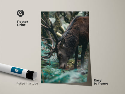 Rustic elk wall art poster. This forest green wildlife art features a photorealistic deer. Easy to frame nature decor for your home. A great housewarming gift for animal lovers. Rolled in a protective tube.
