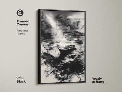 The framed canvas showcases a black and white abstract boat art piece. This monochrome landscape brings modern decor to any space. Ready to hang this serene water print for instant elegance. It's a perfect piece of abstract nature artwork. Consider this coastal wall art.