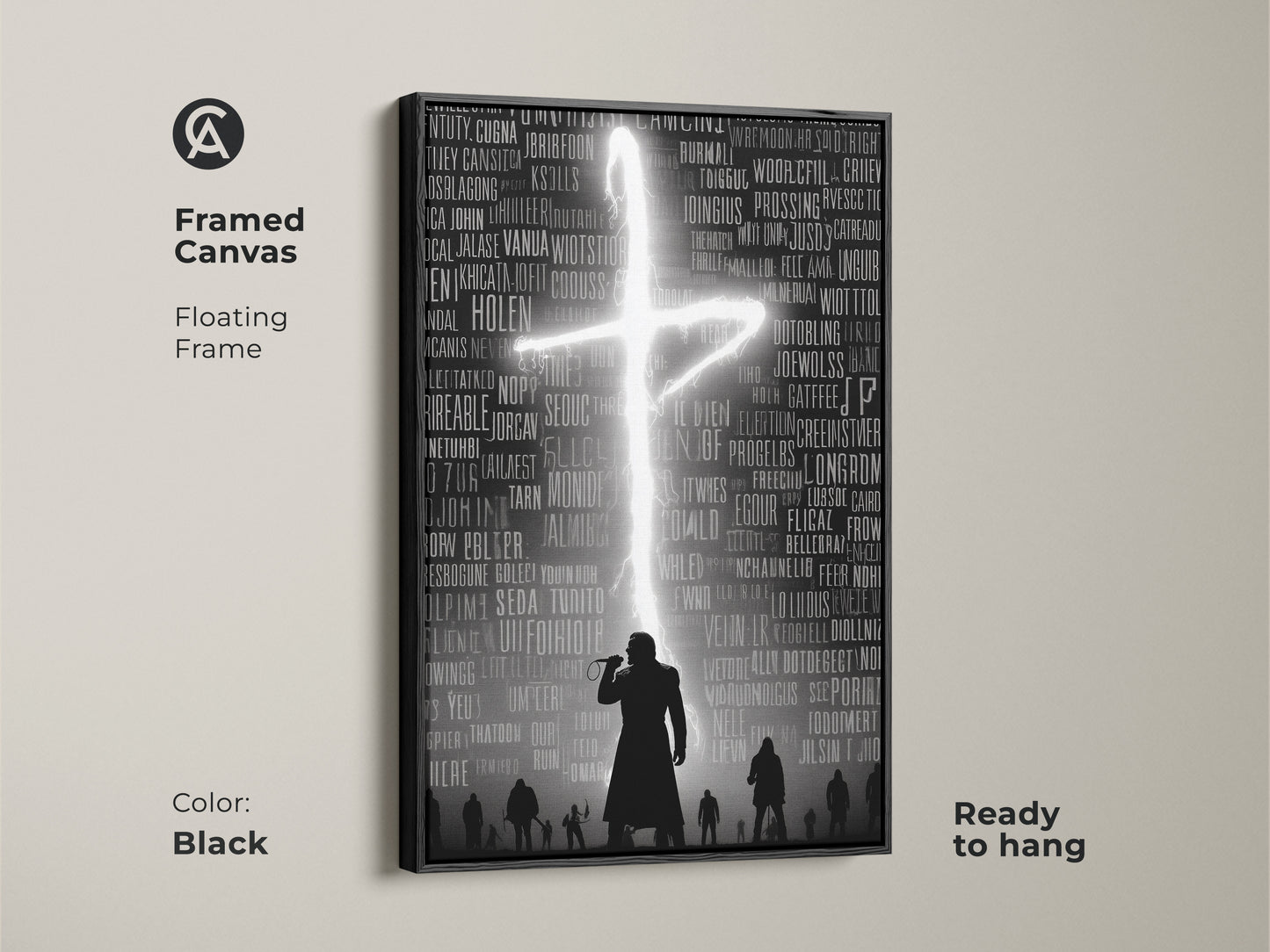 Framed canvas featuring music typography wall art. It shows a gothic singer silhouette with a floating frame. This hip hop concert poster enhances any room. Dark academia art print is ready to hang. Black frame adds a dramatic touch. The neon cross design makes the artwork stand out.