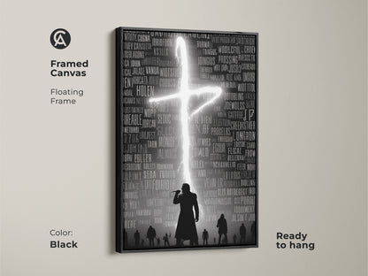 Framed canvas featuring music typography wall art. It shows a gothic singer silhouette with a floating frame. This hip hop concert poster enhances any room. Dark academia art print is ready to hang. Black frame adds a dramatic touch. The neon cross design makes the artwork stand out.