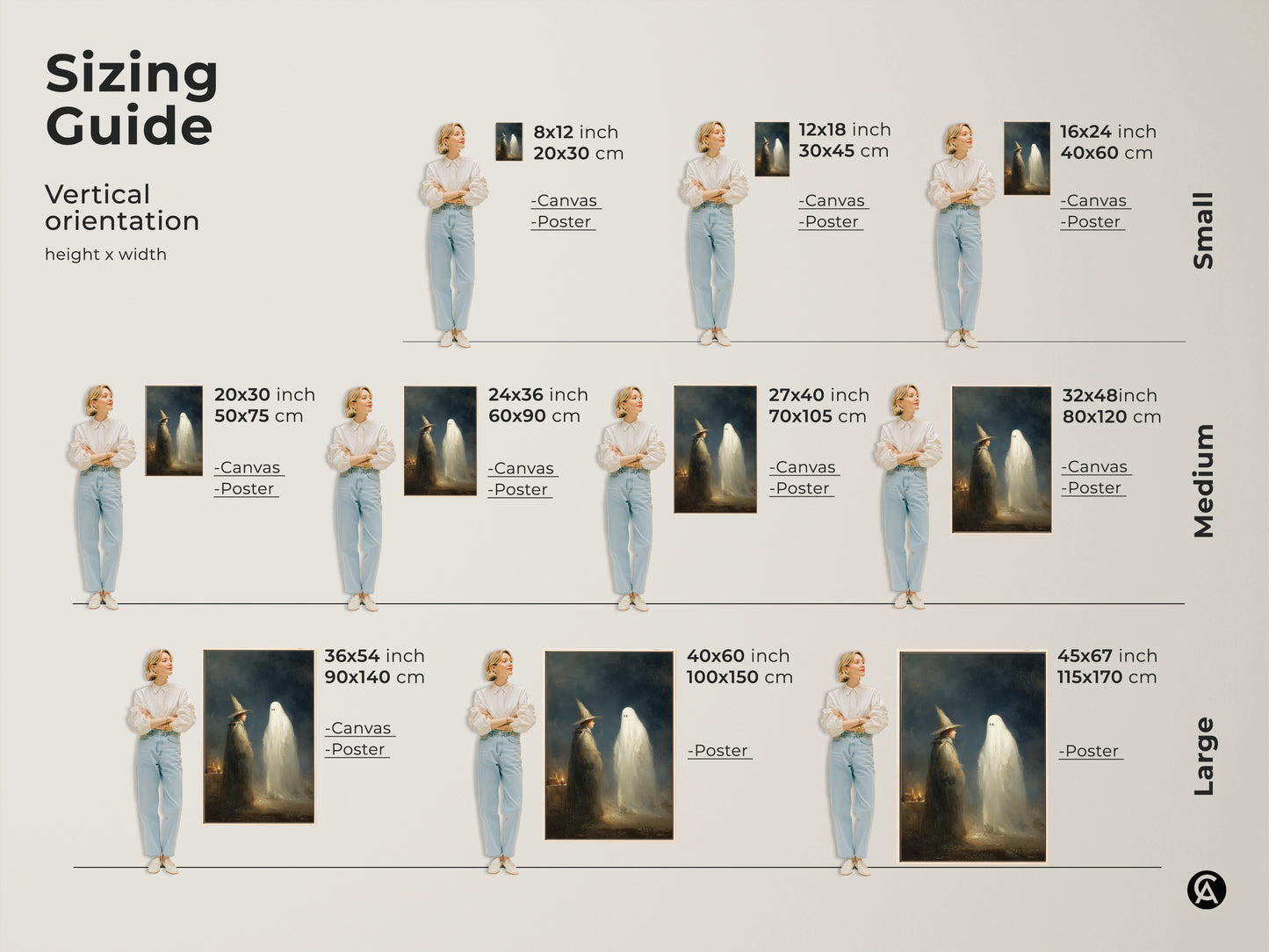 Sizing guide for gothic wizard and ghost art prints. Available in small medium and large sizes. Choose from canvas or poster options. Find the perfect fit for your supernatural fantasy wall decor in a dark academia style.