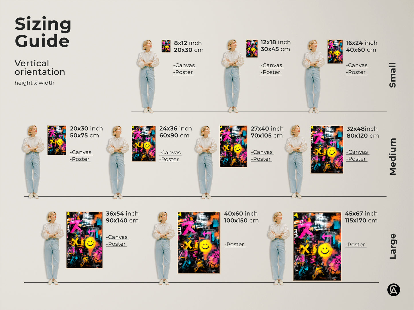 Sizing guide for vertical graffiti art. Available in small medium and large sizes. Choose from canvas or poster options. This sizing guide helps you visualize the perfect fit for your home or office.