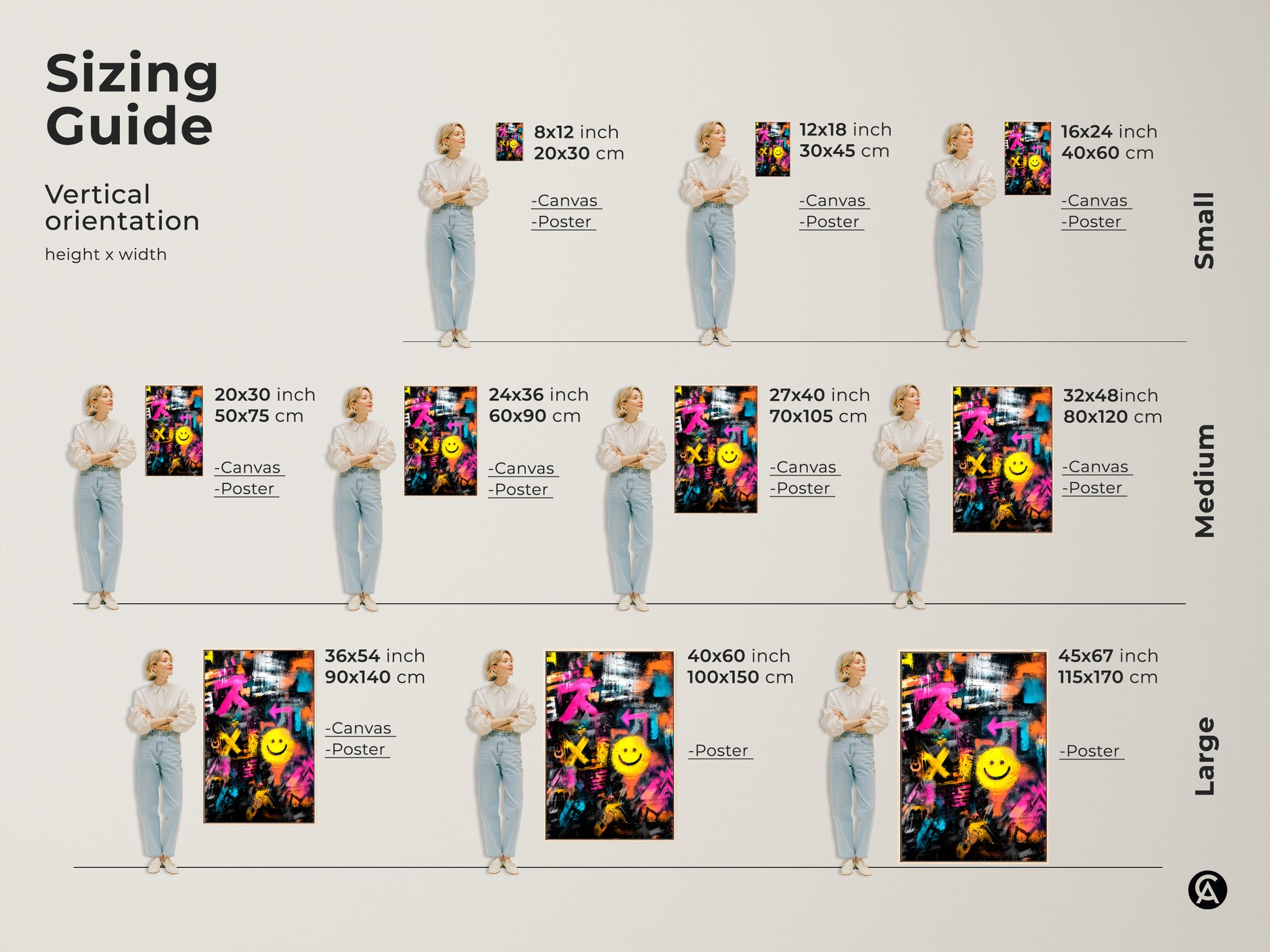Sizing guide for vertical graffiti art. Available in small medium and large sizes. Choose from canvas or poster options. This sizing guide helps you visualize the perfect fit for your home or office.