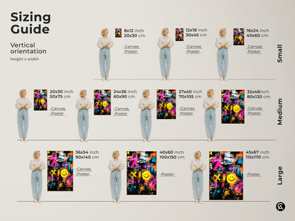 Sizing guide for vertical graffiti art. Available in small medium and large sizes. Choose from canvas or poster options. This sizing guide helps you visualize the perfect fit for your home or office.