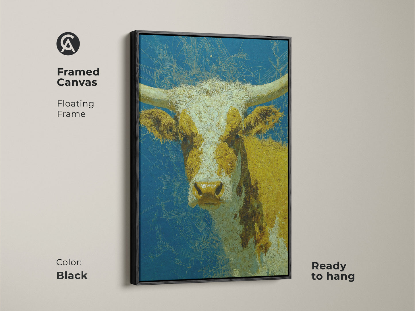 Framed canvas art of a longhorn cow with yellow and white markings. The cow artwork has a blue background with abstract scratch marks. This ready to hang art is a floating frame in black. It is a great addition to any art collection.