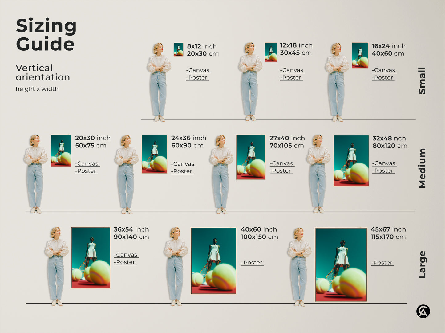 Sizing guide for vertical artwork. Featuring a tennis player art print in various sizes. Sizes range from small to large. Includes dimensions in inches and centimeters. Options include canvas and poster prints. Find the perfect size to fit your space with this helpful guide