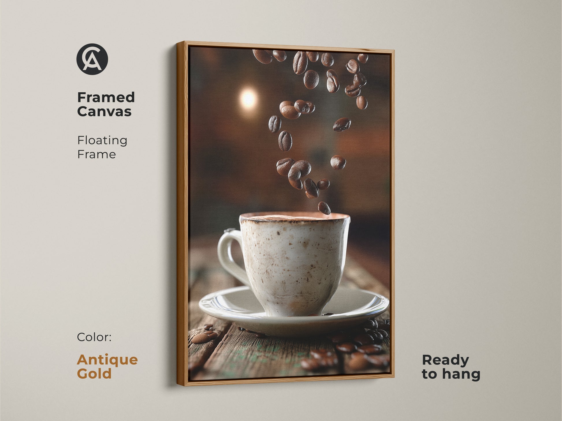 Framed canvas art featuring a coffee cup and beans. Antique gold floating frame adds elegance. Ready to hang this rustic kitchen wall art. Beige cream brown tones.
