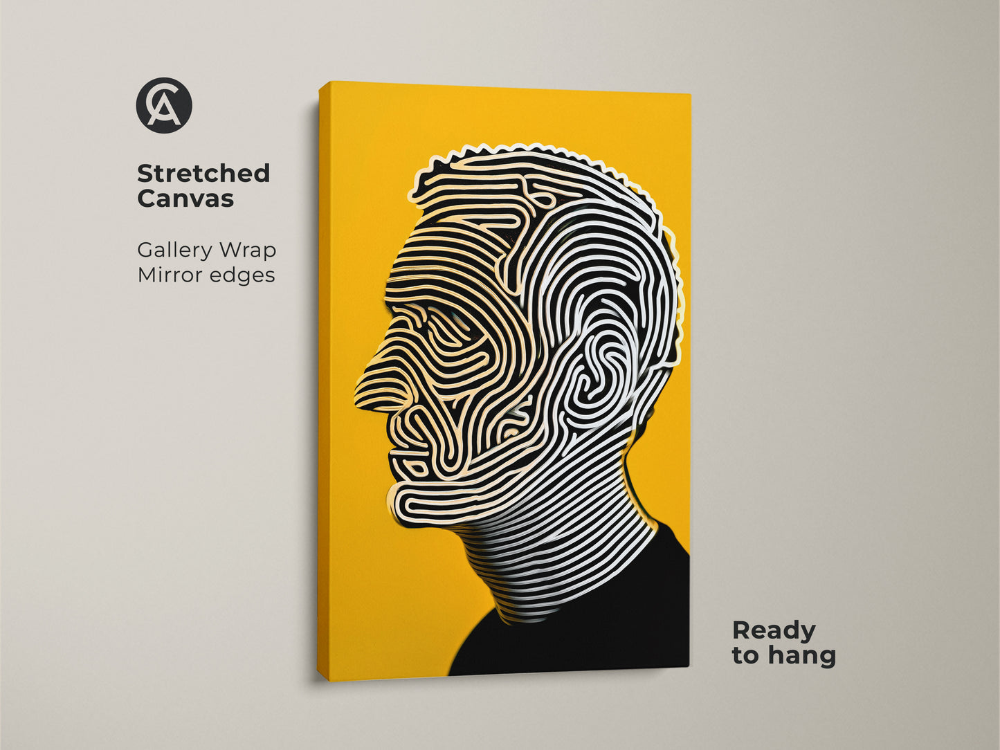 Stretched canvas portrait artwork ready to hang. This artwork shows a man's profile with flowing lines. It has mirror edges for a gallery wrap look. The yellow background makes the artwork pop. Perfect for contemporary art lovers who want to add style.