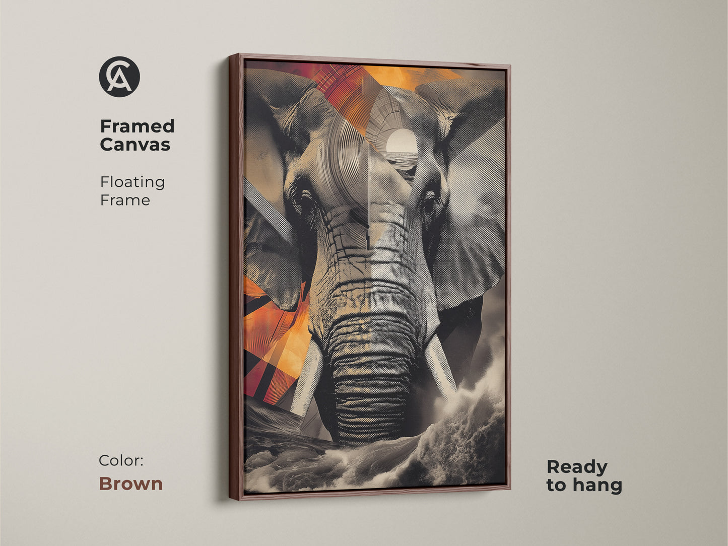 Framed canvas art in a brown floating frame features an abstract elephant collage. This piece combines geometric animal prints with nature-inspired elements. Ready to hang this artwork brings an eclectic touch to your home decor. The monochrome palette suits any room.